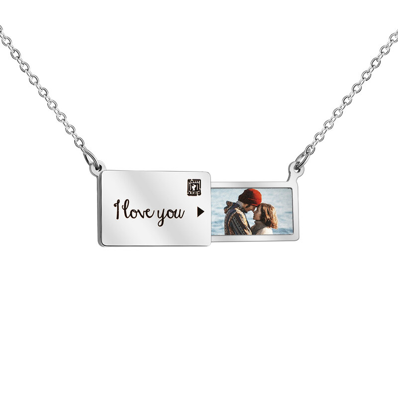 Collier pendentif enveloppe en acier inoxydable personnalisé, message photo, cadeau de bijoux pour petite amie