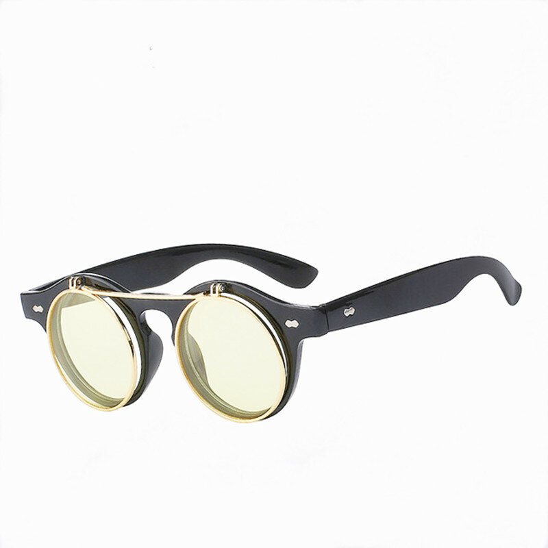 Lonsy 빈티지 steampunk 플립 선글라스 여성 남성 브랜드 디자이너 unisex 레트로 라운드 금속 증기 펑크 태양 안경 uv400