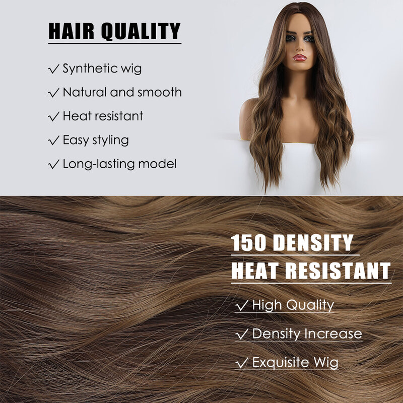 Eashihair – perruque synthétique longue brune ombrée pour femmes, cheveux naturels ondulés, raie au milieu, perruque Cosplay résistante à la chaleur