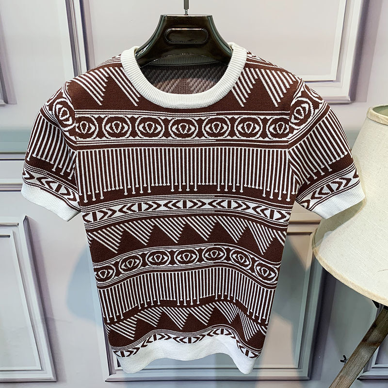 가을/겨울 니트 남성 자카드 짧은 소매 스웨터 한국어 슬림 고급 하프 슬리브 니트베이스 셔츠