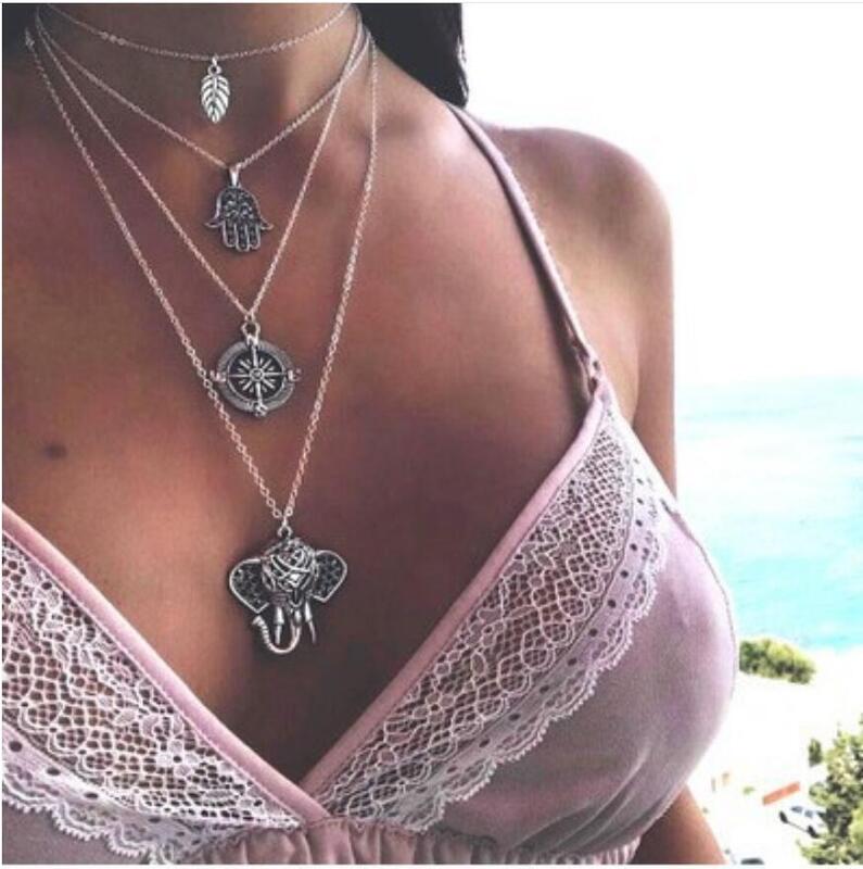 Vintage Necklace Muti Layers Compass Palm Leaf Elephant Pendant Choker Necklace Summer Fashion Jewelry for Women Gifts S1920