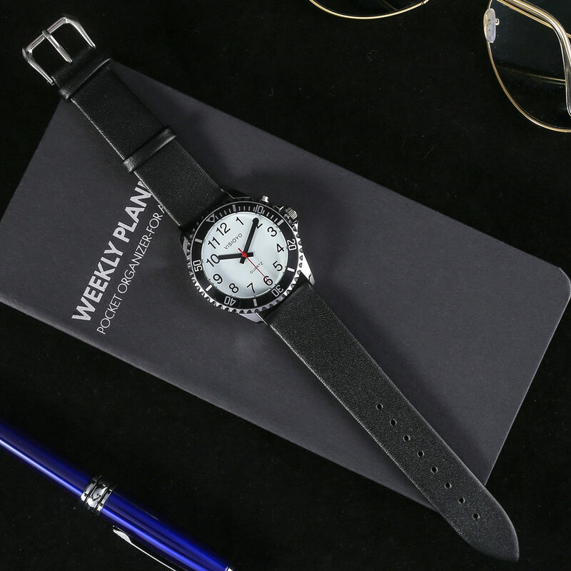 Francês falando relógio com alarme, falando data e hora, mostrador branco, faixa de couro preto TFBW-1502