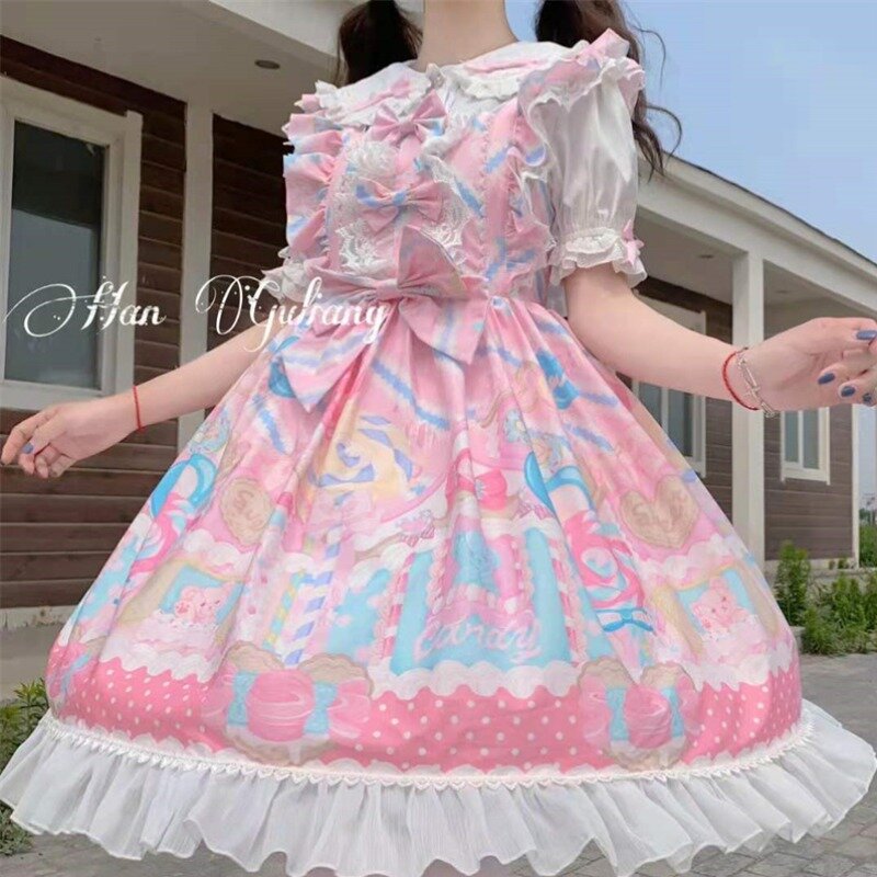 Sweet Lolita Jsk Cute Printing Kawaii Japanese Dress Bow Sleeveless Lace Ruffles Lace Girly Camisole Cosplay Dress