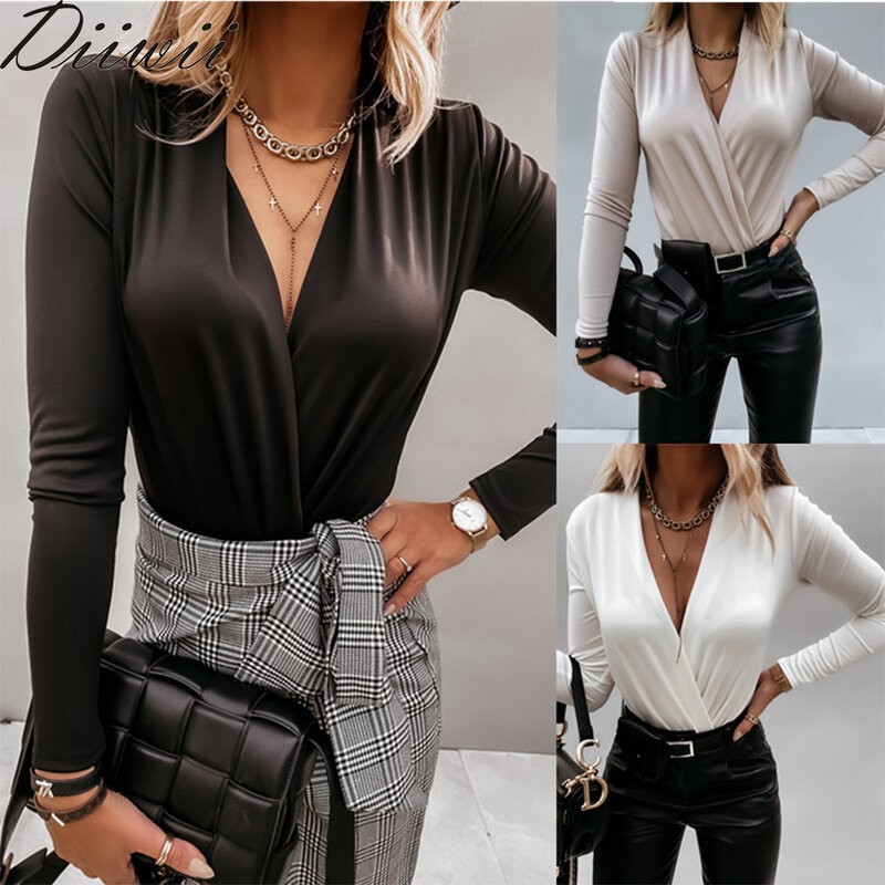 Diiwii Sexy Deep cuello pico elegante Oficina señoras pulóver camisa Casual mujeres Otoño Invierno manga larga Tops Blusas Streetwear