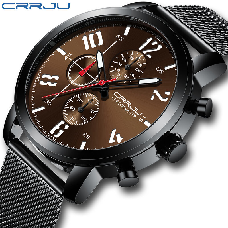 Relógio masculino novo crrju marca superior aço inoxidável à prova dwaterproof água cronógrafo data relógios de negócios relógio quartzo reloj hombre