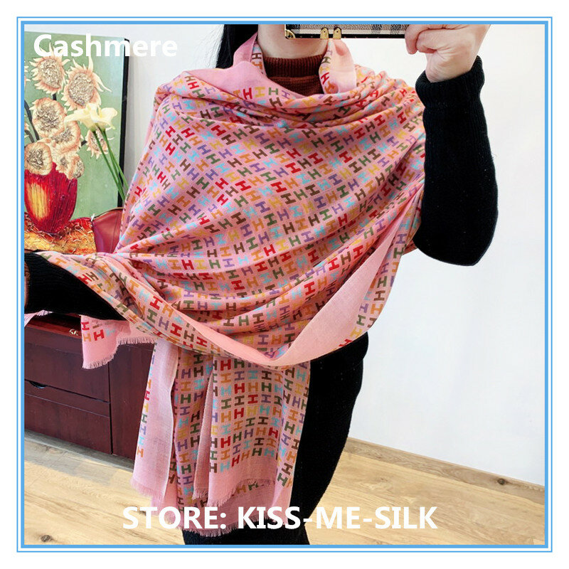 KMS New H letter dress ultra-fine pure sheep-cashmere shawl long scarf women winter 200*100CM/60G