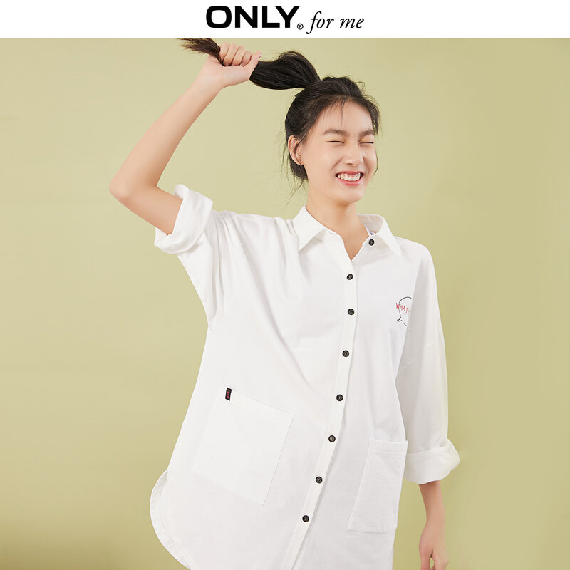 Apenas camisa de manga comprida estampada 100% algodão de ajuste solto feminino | 120105582