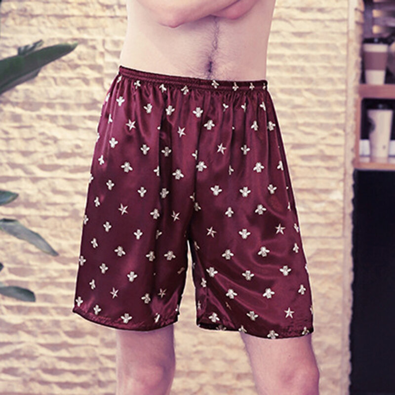 Pijama de cetim de seda imitado masculino, shorts boxer soltos, calça suave e confortável, pijamas estampados, roupa de dormir cor aleatória