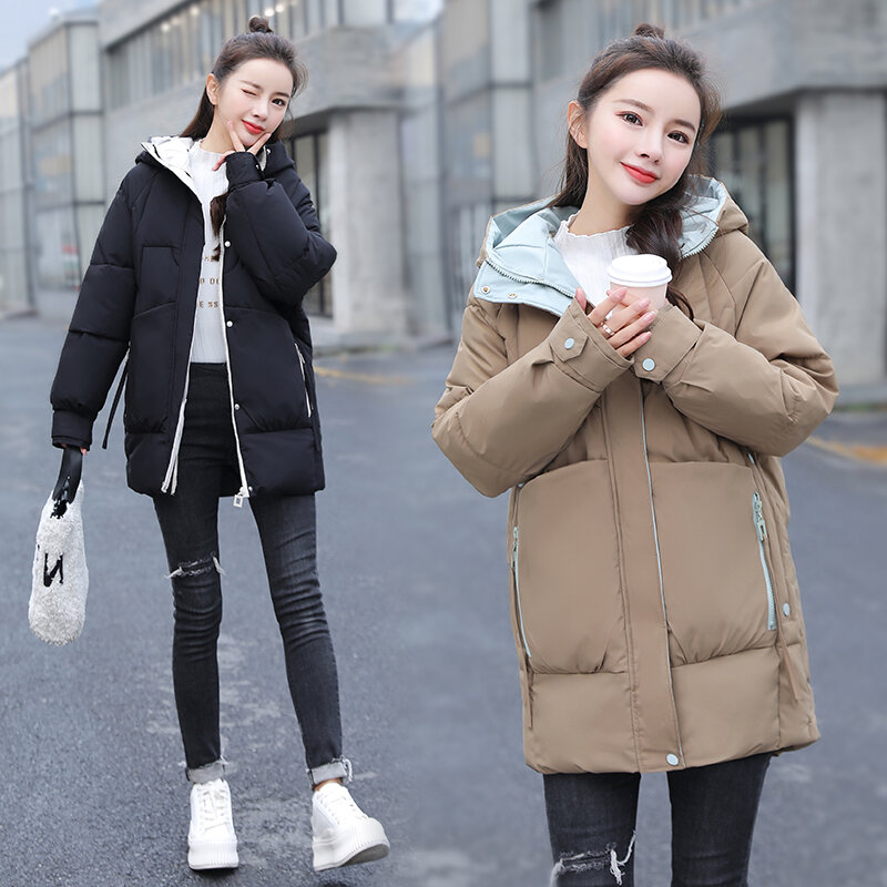 Женская зимняя стеганая куртка средней длины, новинка 2021, модные женские корейские свободные плотные зимние однотонные пальто с капюшоном