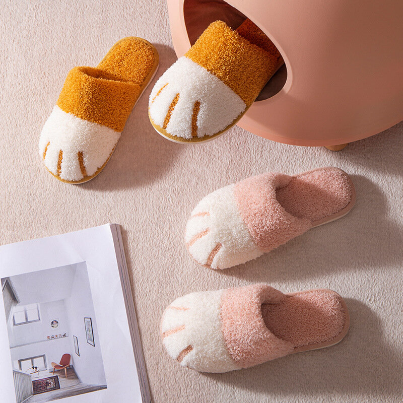 Sandal Katun Rumah Musim Dingin Sepatu Bulu Hangat Nyaman Lucu Kartun Kucing Dalam Ruangan Kamar Tidur Wanita Pria Pecinta Sandal Berbulu