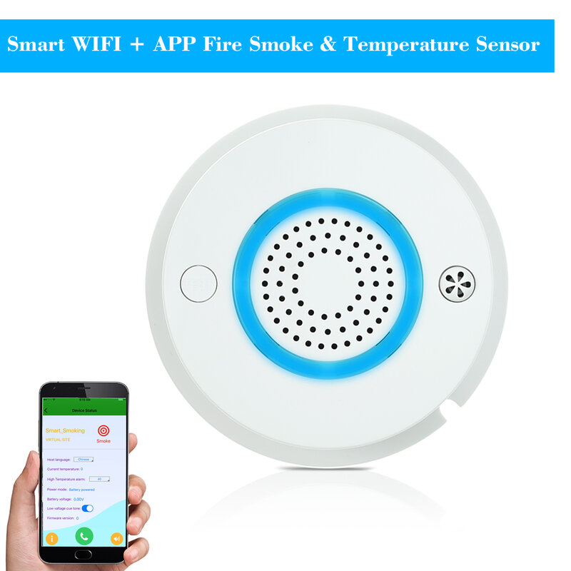 Sensor de temperatura wi fi sem fio detector de temperatura fumaça alarme app controle remoto sistema de alarme de segurança em casa