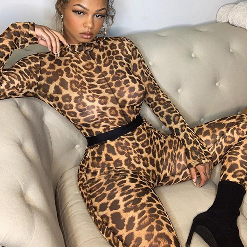 Tuta Sexy aderente trasparente da donna a maniche lunghe con stampa leopardata 2022 inverno primavera donna Streetwear abiti Club Body