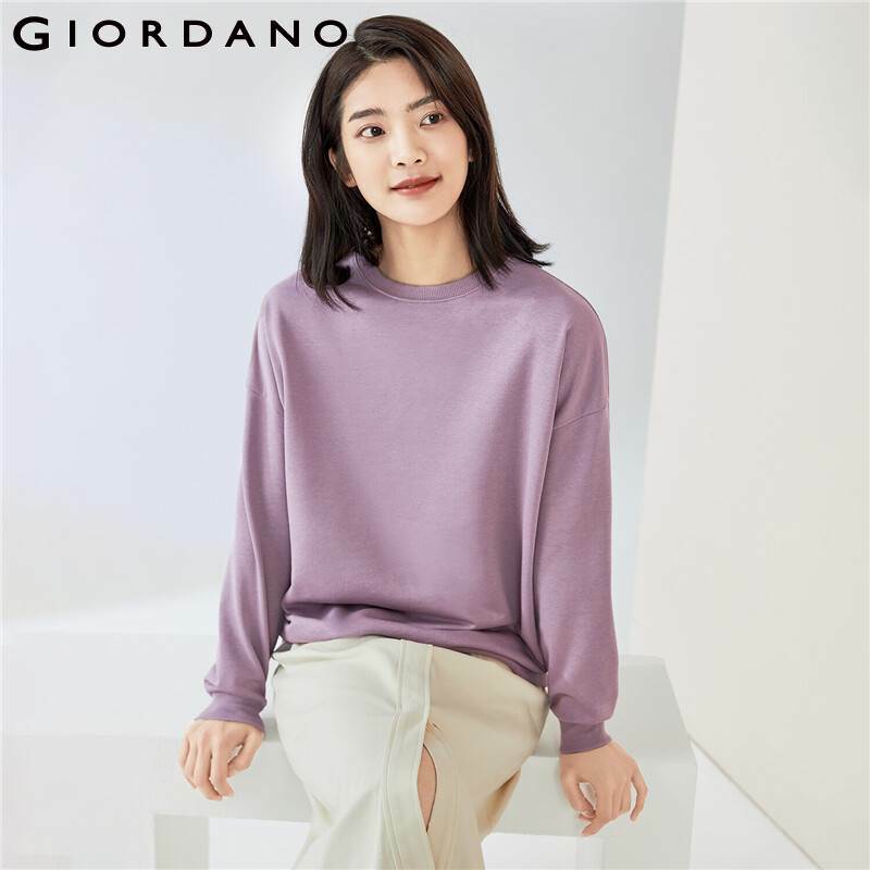 Giordano-Cor sólida feminina com camisola de ombro, camisolas gola redonda casuais, solta, 13321765
