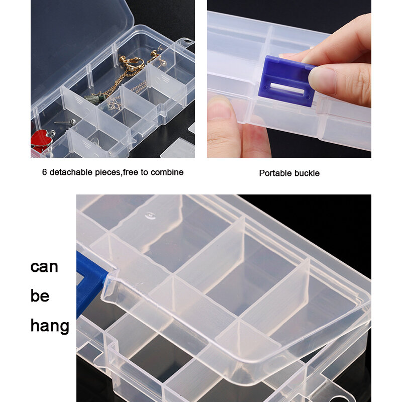 Ajustável Plástico Jóias Caixa De Armazenamento, Slot Organizer, Beads Container, Retângulo Caso, 10, 15, 24 Compartimento