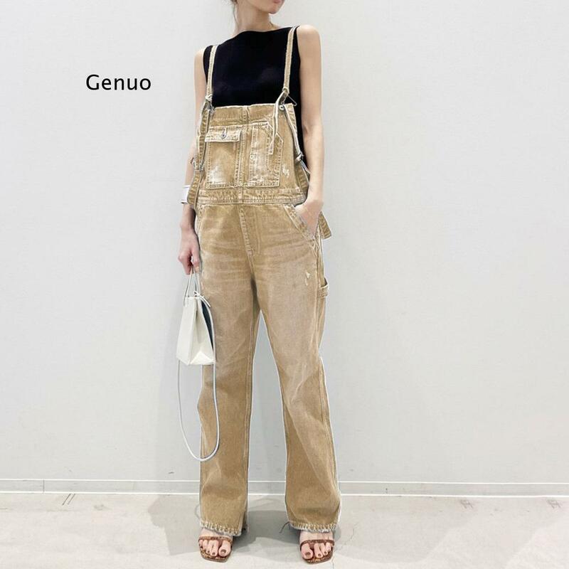 Jean macacão feminino primavera verão nova moda coreana bolsos casual streetwear jeans