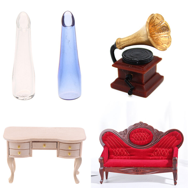 Dollhouse Miniature Unpainted Desk Table Vase, Sofá Pintura, Modelo Fonógrafo, Móveis Brinquedos, Presentes de Natal