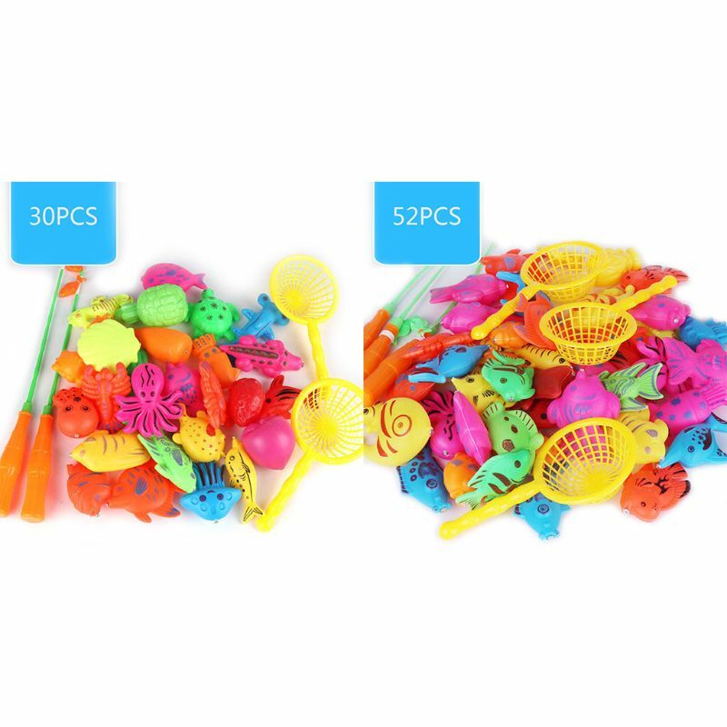 Mainan pancing magnetik plastik, 30/52 buah Set joran ikan mainan air untuk anak-anak