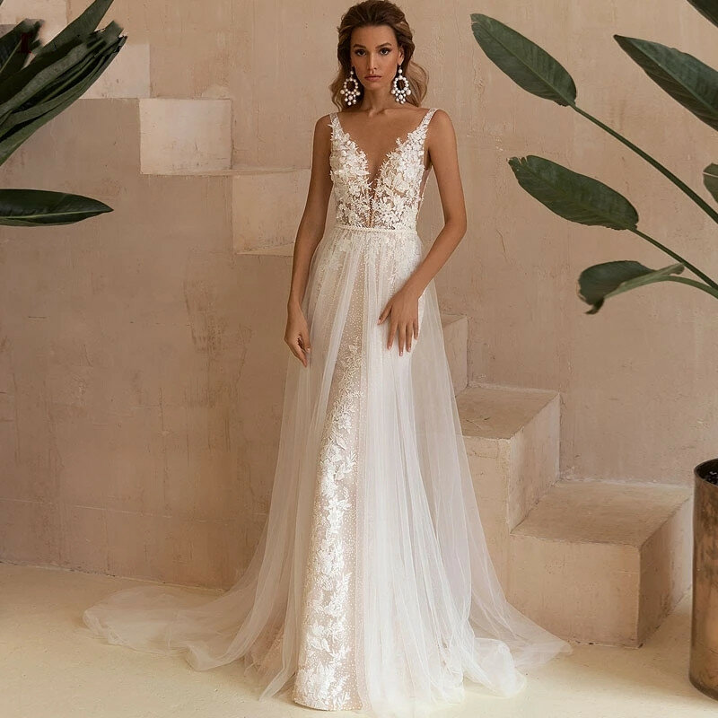 Sexy V-Neck Mermaid Wedding Dresses 2023 Lace Boho Backless Bride Gowns With Detachable Train Tulle Sleeveless Robe De Mariée