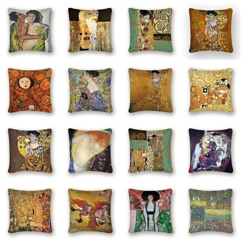 غطاء وسادة كرسي مطلي بالزيت ، غطاء وسادة مطبوع باللون الذهبي من Gustav Klimt ، غطاء وسادة كرسي مزخرف عتيق
