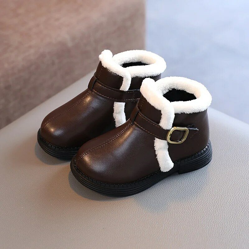 Zapatos de algodón cálidos Unisex, botas de felpa para niños, zapatos de cuero de moda para invierno, botines antideslizantes para niños, marrón, negro, Beige, 1-7T