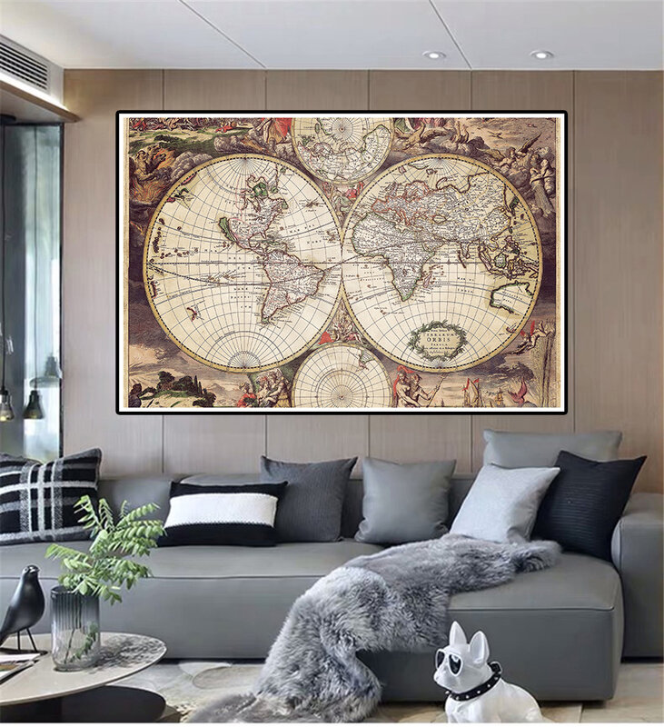 5*3 Feet  Vintage Map of The World Non-woven Canvas Painting Medieval Latin Art Poster Living Room Home Decor School Supplies