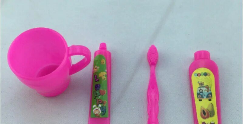 Conjunto de escova de dentes com tubo de pasta de dente rosa 4 tamanhos para mini casa mobília boneca acessórios