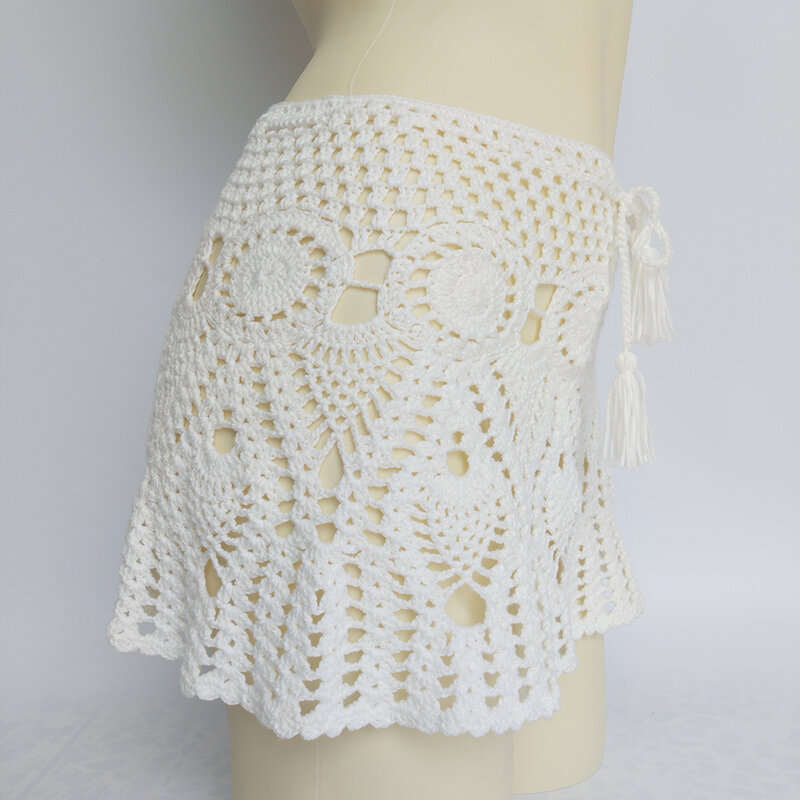 2021 New Sexy Crochet Tassel Beach Skirt Cotton Swimsuit Fused Skirt Casual Beach Running Lace See Through Slim Mini Skirts
