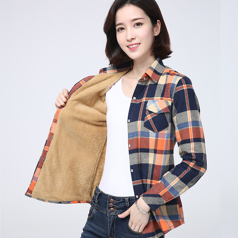 2023 Winter New Women's Warm Plaid Shirt Coat Casual Fleece Velvet Plus Thicke Tops Brand College Style Woman Clothes Outerwear