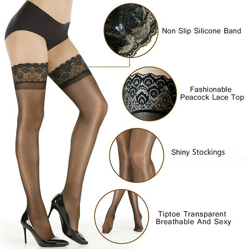Non Slip Silicone Stocking Women's Fashionable Peacock Lace Top Shiny Stockings Tiptoe Transparent Breathable and Sexy Hosiery