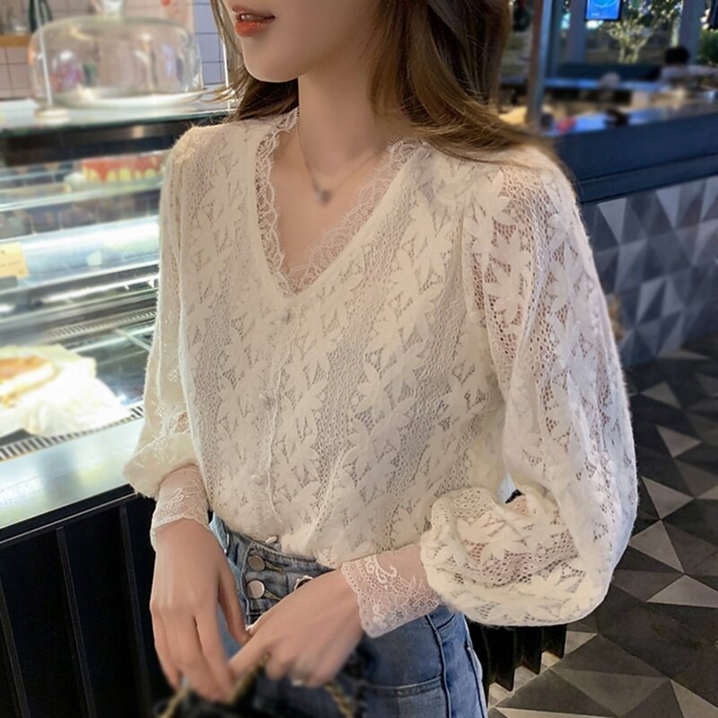 Women's Fashion V Neck Shirts Spring Autumn Lace Sweet Sexy Long Sleeve Blouse Tops