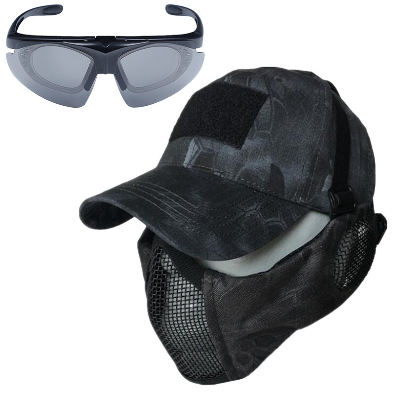 Masker Airsoft Jaring Taktis dengan Pelindung Telinga dan Topi Bisbol Topi Kacamata untuk Airsoft Paintball Menembak Perlengkapan Militer Olahraga