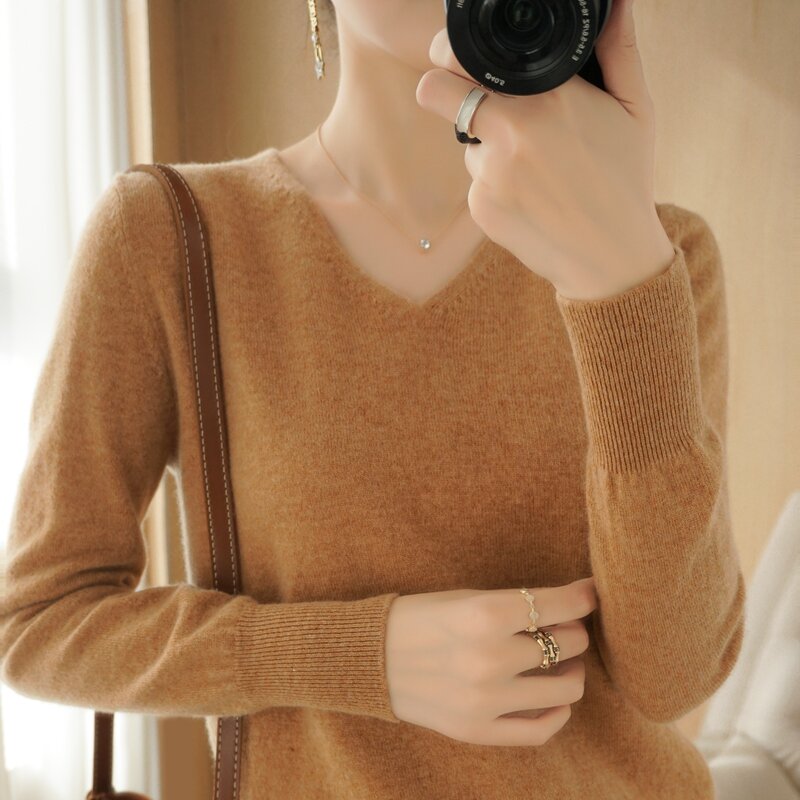 Sweater Wanita Menjual Baik Kualitas Tinggi Kain Kasmir Terbaru V-neck Wanita Sweater Kasmir