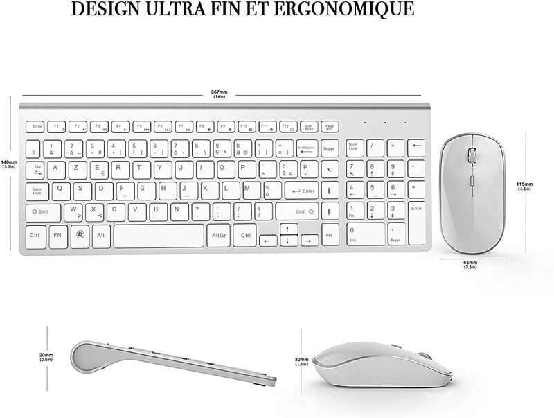 2.4G لوحة مفاتيح وماوس اللاسلكية أزيرتي-تخطيط الفرنسية متوافق مع iMac ماك كمبيوتر محمول كمبيوتر لوحي ويندوز (فضي أبيض)