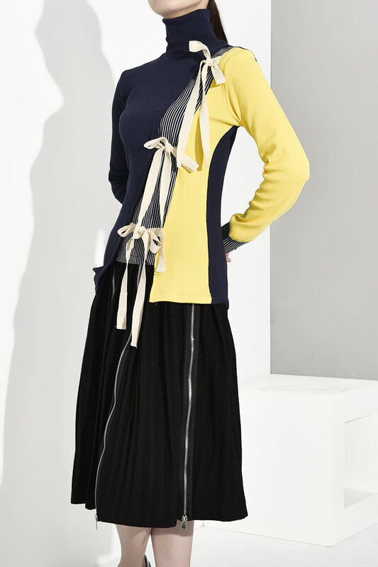 [EAM] vendaje contraste Color tejer suéter suelta Fit Hgih Collar de manga larga mujeres nueva moda marea primavera otoño 2020 JL9010