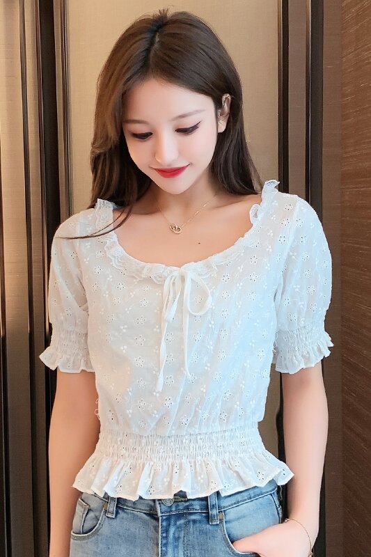 COIGARSAM Vintage Floral blouse women New Summer Short Sleeve Embroidery blusas womens tops and blouses White Light Yellow 1162