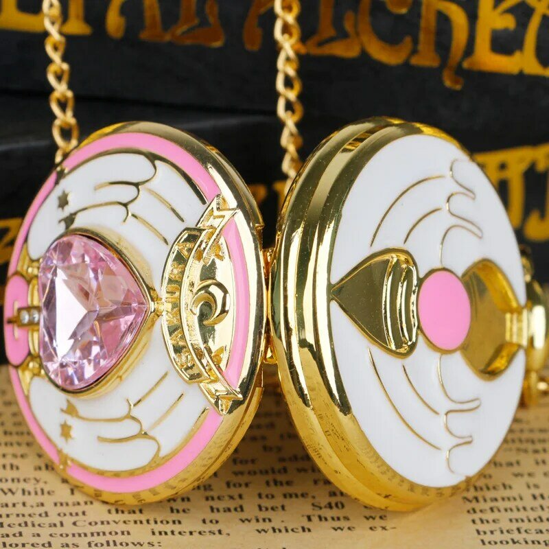 Złoty dziewczęcy styl różowy kryształowe inkrustowane kwarcowy zegarek kieszonkowy panie naszyjnik dziecięcy łańcuch księżyc zegarki kieszonkowe Fob wisiorek prezent