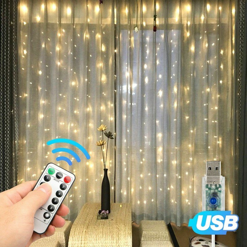 3M X 3M USB LED Tali Tirai Lampu Flash Peri Karangan Bunga Remote Control untuk Tahun Baru Natal Luar Ruangan Dalam Ruangan Pernikahan Dekorasi Rumah