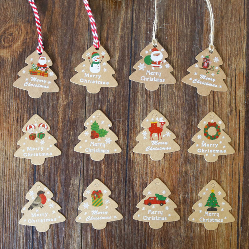 48PCS Christmas Tree Shape Paper Tag Santa Claus/Snowman/Bird Printed Crafts Labels Navidad Noel Gift Wrapping Decor DIY Supply