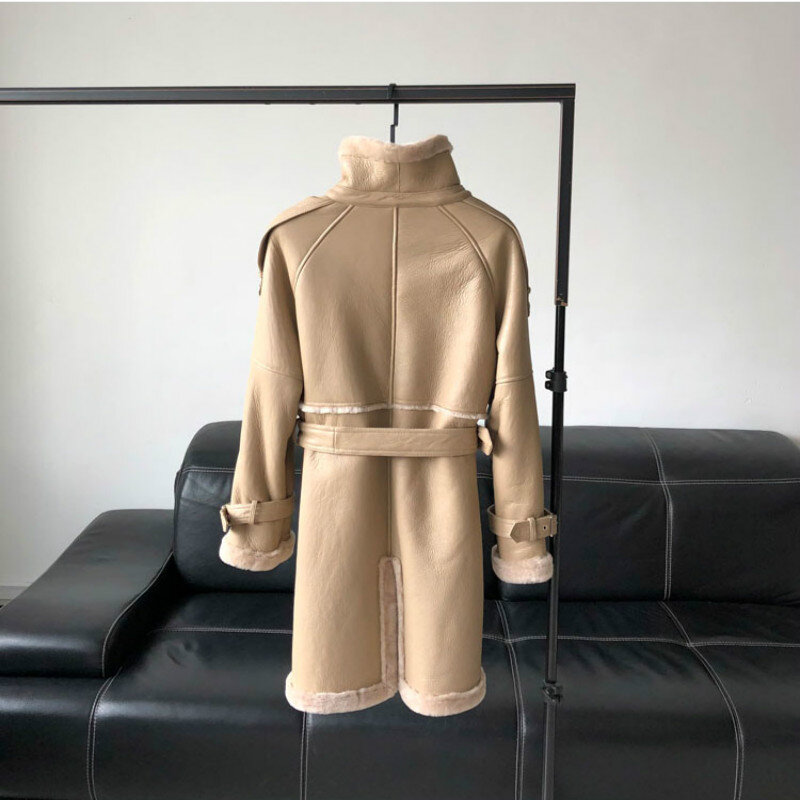 Casaco feminino integrado de pele merino, casaco novo com pele de couro de corvino, tendência em inverno 2020