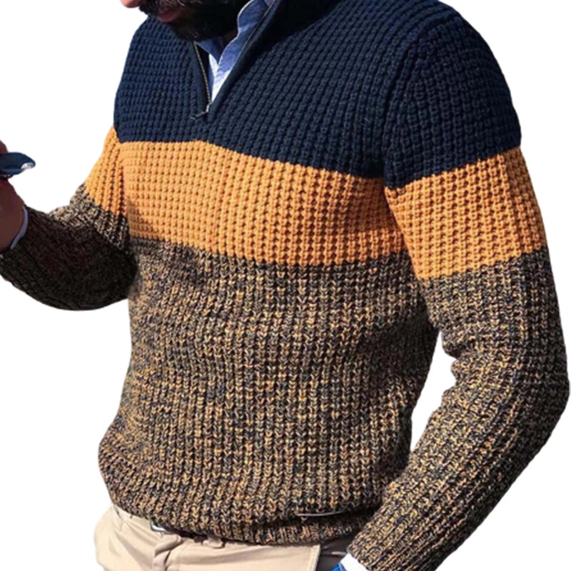 Men's Autumn and Winter Pullover Sweater Cotton Casual Zipper Small Turtleneck Sweater Cover Long Sleeve V-Neck Colorblock Knit