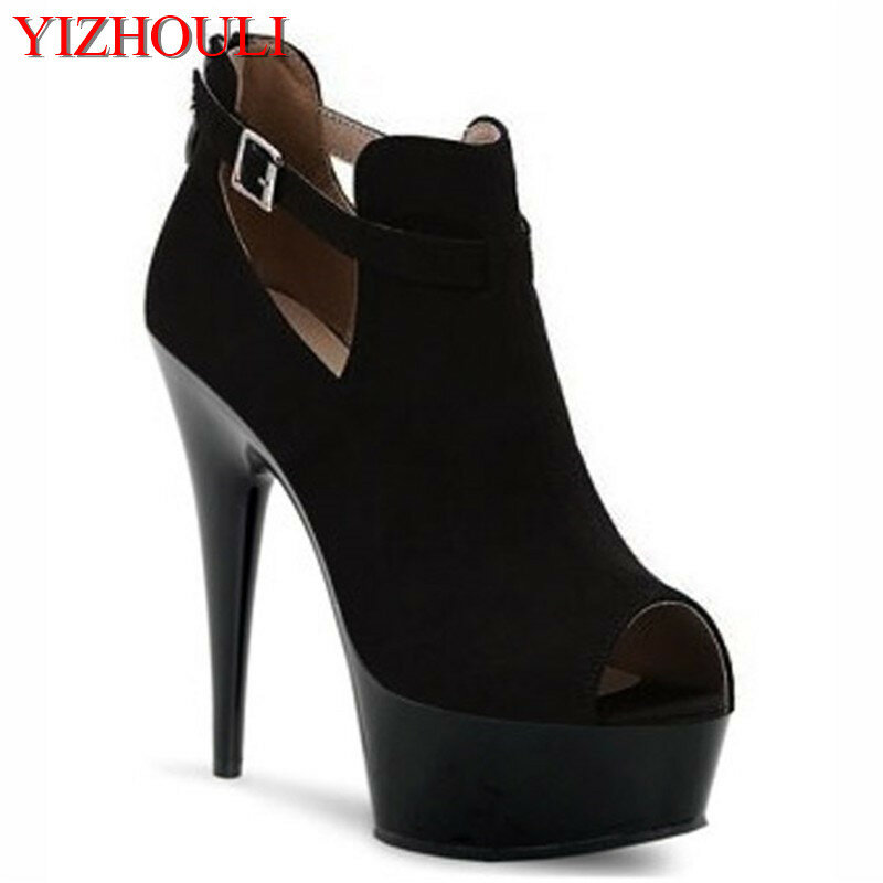 Sexy suede hollowed-out high-heeled shoes with 15cm high heels and waterproof table fish-mouth Dance Shoes