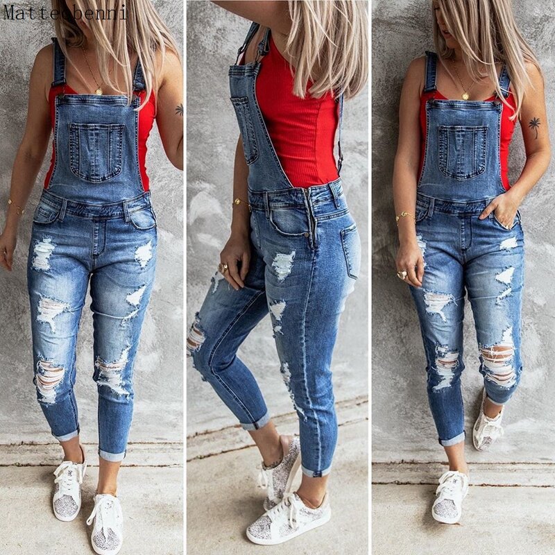Women Sexy Ripped Hole Denim Jumpsuit Ladies Autumn Fashion Loose Jeans Rompers Vintage Casual Plus Size Pocket Overall Playsuit