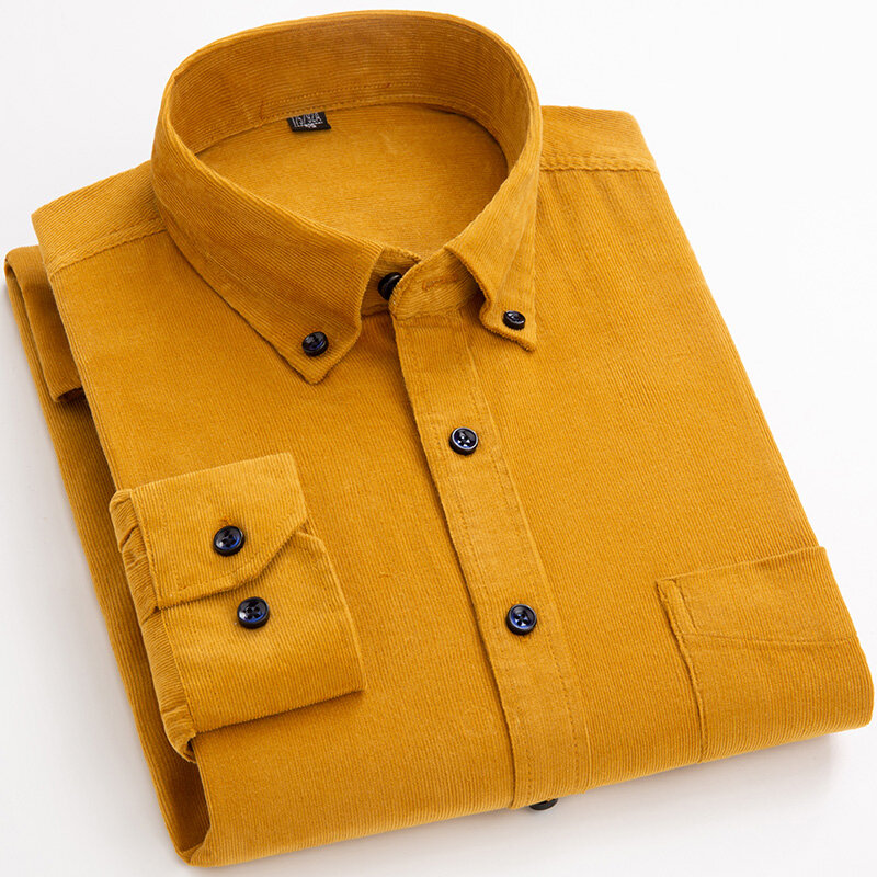 Хлопковая Вельветовая рубашка с длинным рукавом, зимняя, обычная, мужская, повседневная, теплая, S ~ 6xl, одноцветная, мужская рубашка с подушками, Осеннее качество