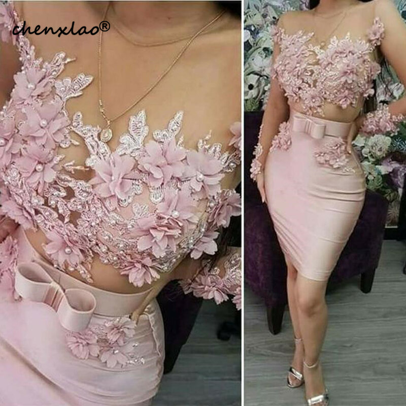 Pink Evening Dresses Short 2020Lace Applique Beaded 3D Flowers Mermaid Evening Gowns Robe De Soiree