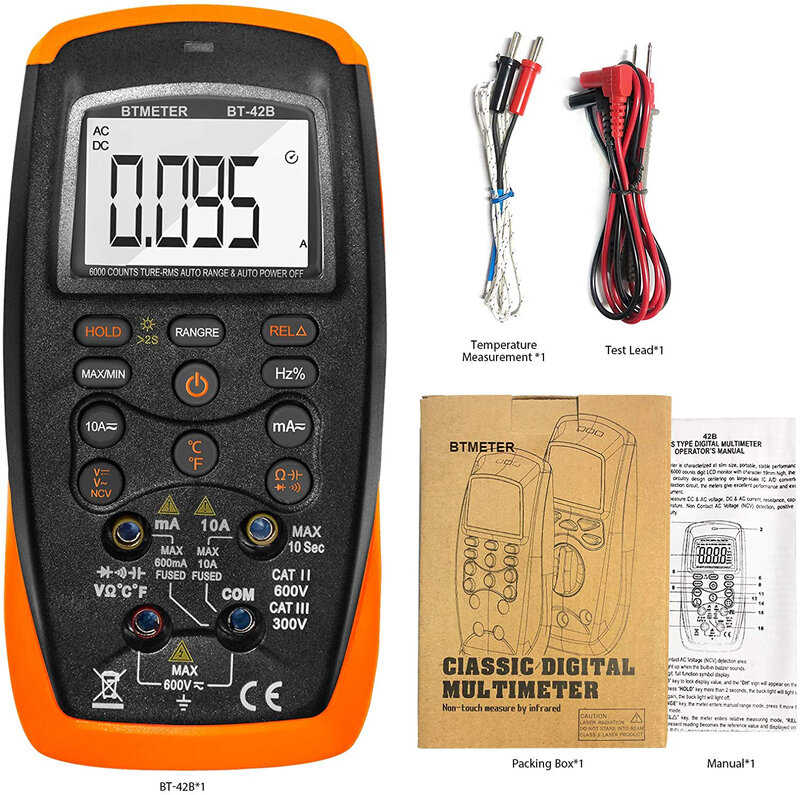 Digital Auto-Ranging Multimeter 6000 Counts for DC/AC Volt Resistance Temperature With Diode Test Continuity Buzzer 'C/'F