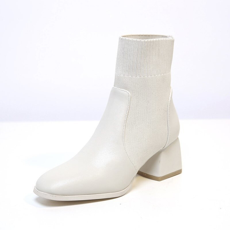 2021 neue Herbst und Winter Damen stiefel gestrickte elastische Socken Stiefel quadratische Zehen dicke Fersen stiefel Mode Knöchel Chelsea Stiefel