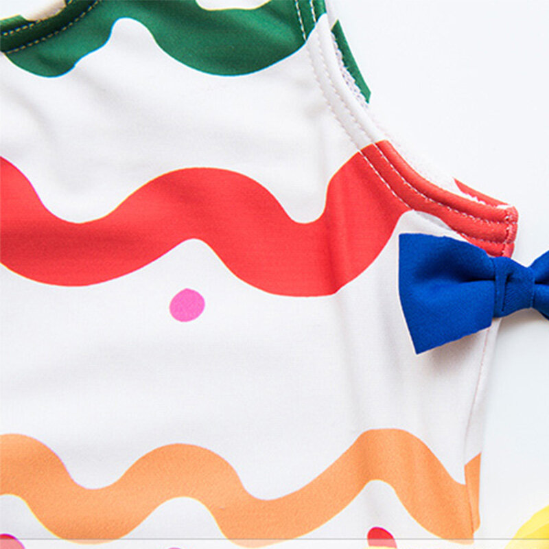1-8 세 활 물결 모양의 줄무늬 어린이 수영복 원피스 온천 소녀 수영복 해변 아기 생일 선물 인형 옷