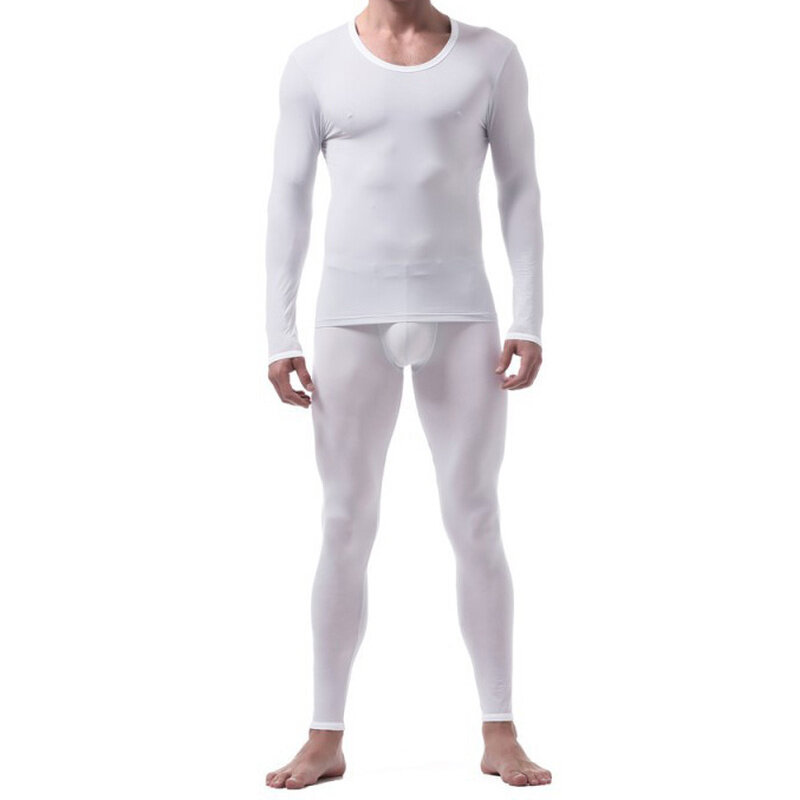 Pria Kaus Dalam Set Ultra Tipis Es Sutra Seksi Pria Pakaian Lengan Panjang Top + Celana Baju Tidur Piyama Lembut Bernapas set