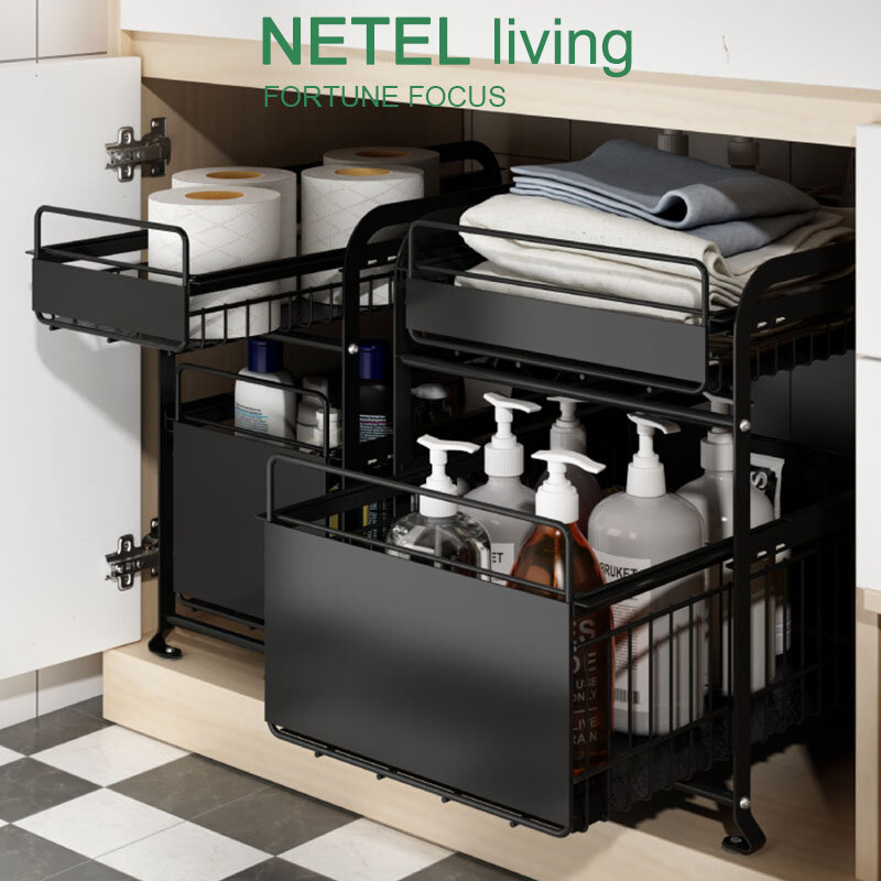 NETEL تحت بالوعة تخزين الرف انزلاق خزانة سلة سحب درج منظم سطح المكتب للمطبخ الحمام مكتب 2-Tier