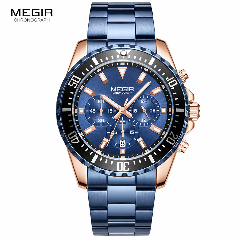 MEGIR-ساعة رياضية فاخرة للرجال ، ساعة يد من الفولاذ المقاوم للصدأ ، مقاومة للماء ، زرقاء ، عصرية